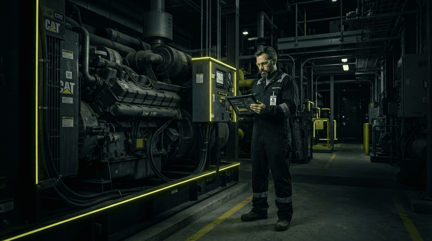 Técnico revisando grupo electrógeno industrial